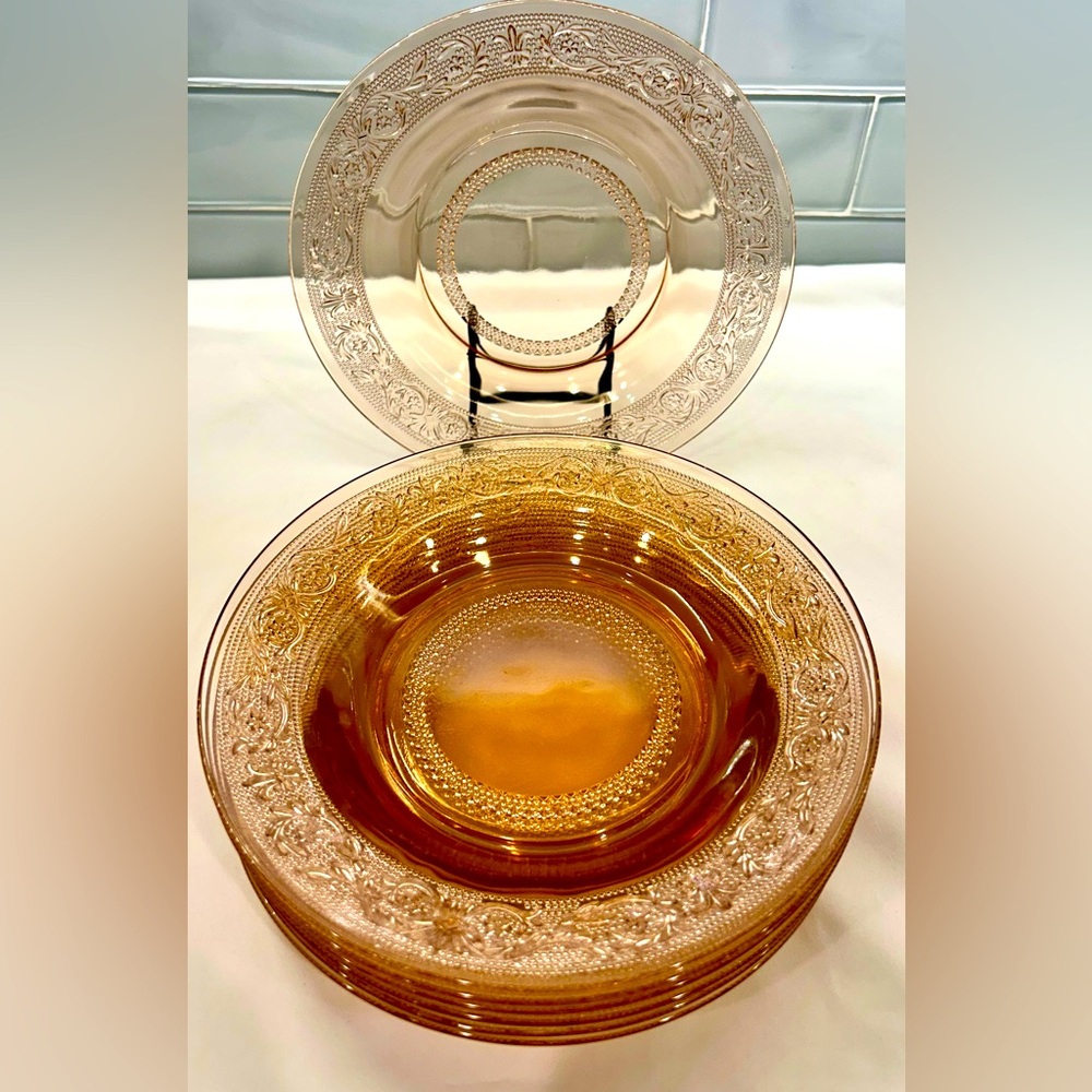 1930’s KIG Malaysia Fleur De Lis Pink Depression Glass Bowls, 9”, Set of 6